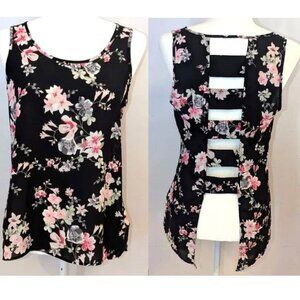 Express	| Open Ladder-Back Panels Floral Sleeveless Top Black | Size Small